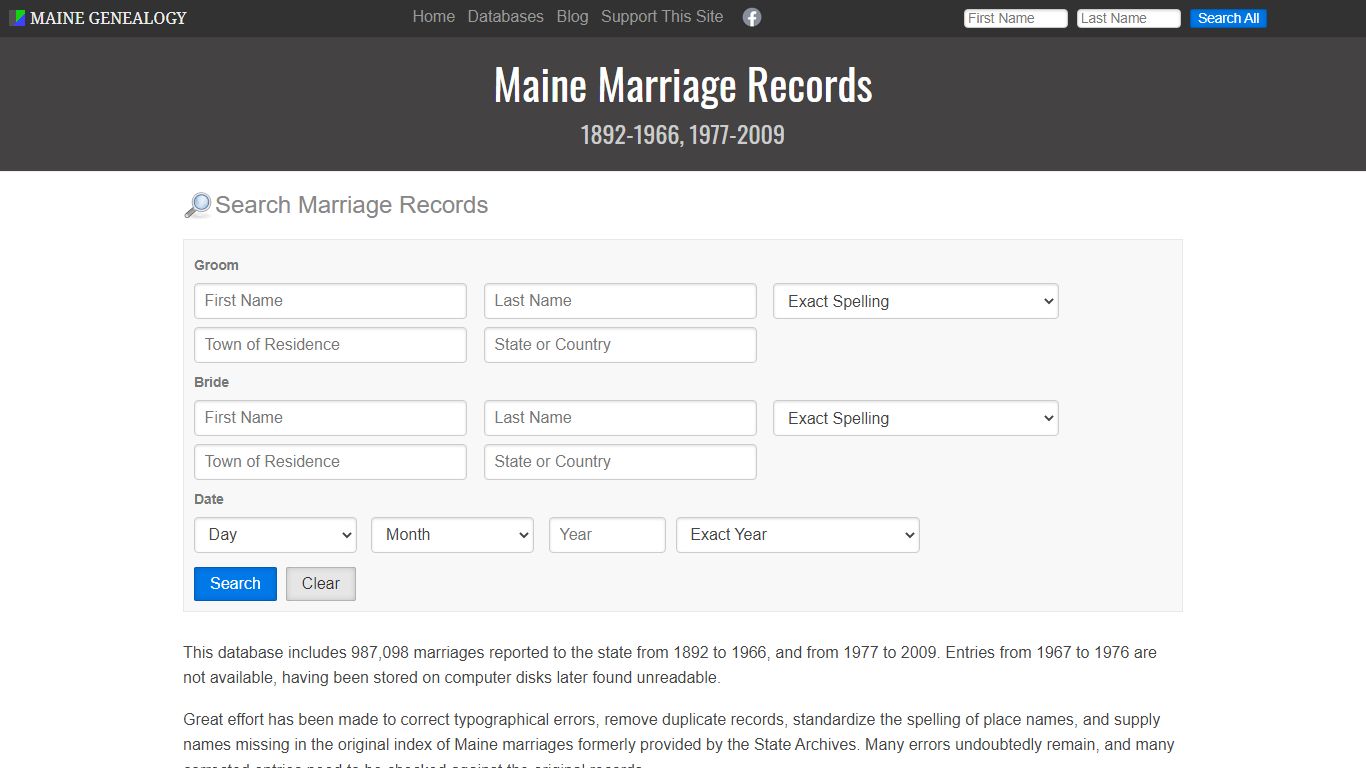 Maine Marriage Records, 1892-1966, 1977-2009 | Maine Genealogy