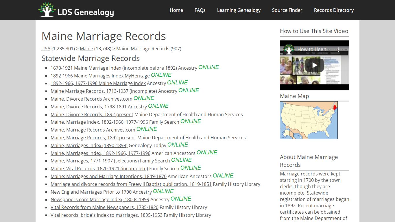 Maine Marriage Records - LDS Genealogy